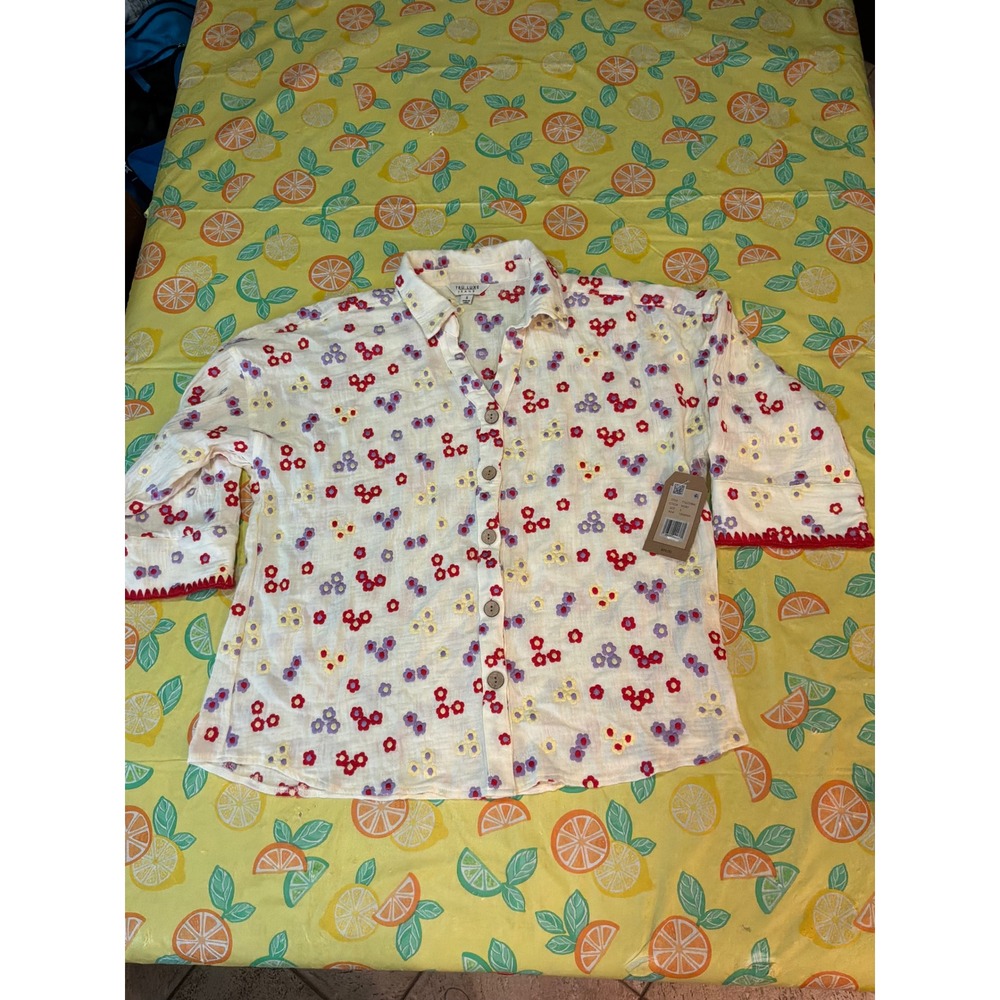 Tru Luxe‎ Button Front Shirt Women Small Ivory Floral Embroidered T16229BM